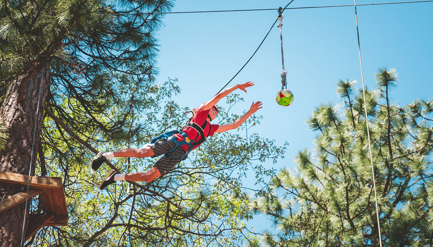 A person doing a high ropes course.