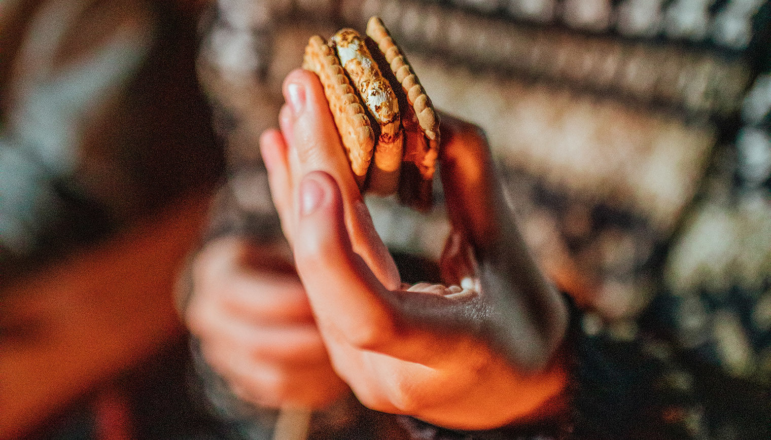 A person holding s'mores.